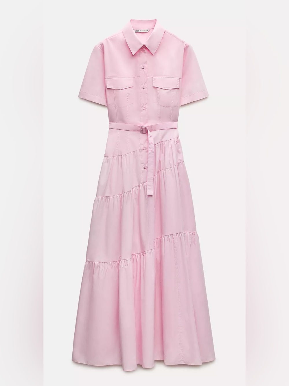 Zara Light Pink Tiered Shirt Maxi Dress with Belt
